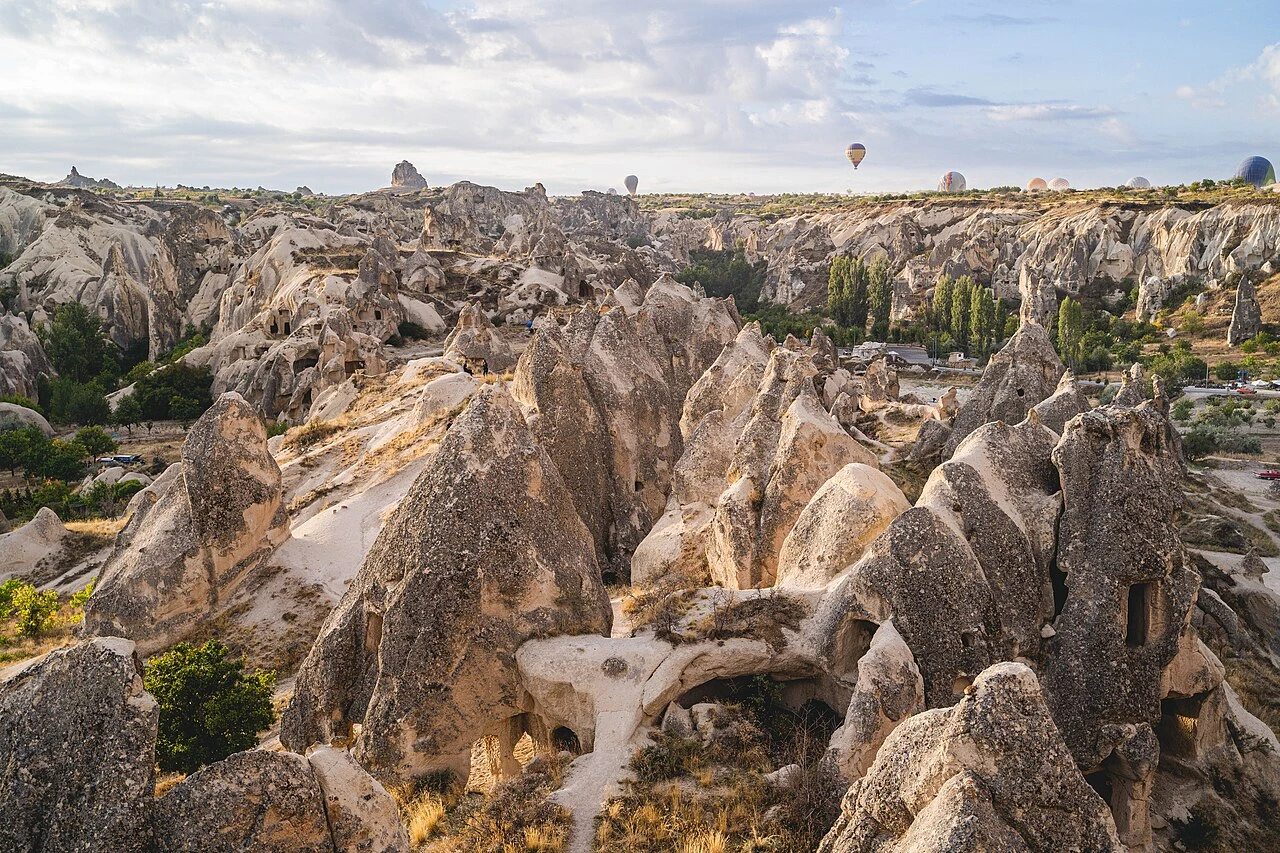 Rock-cut spaces and a morning view in Göreme.