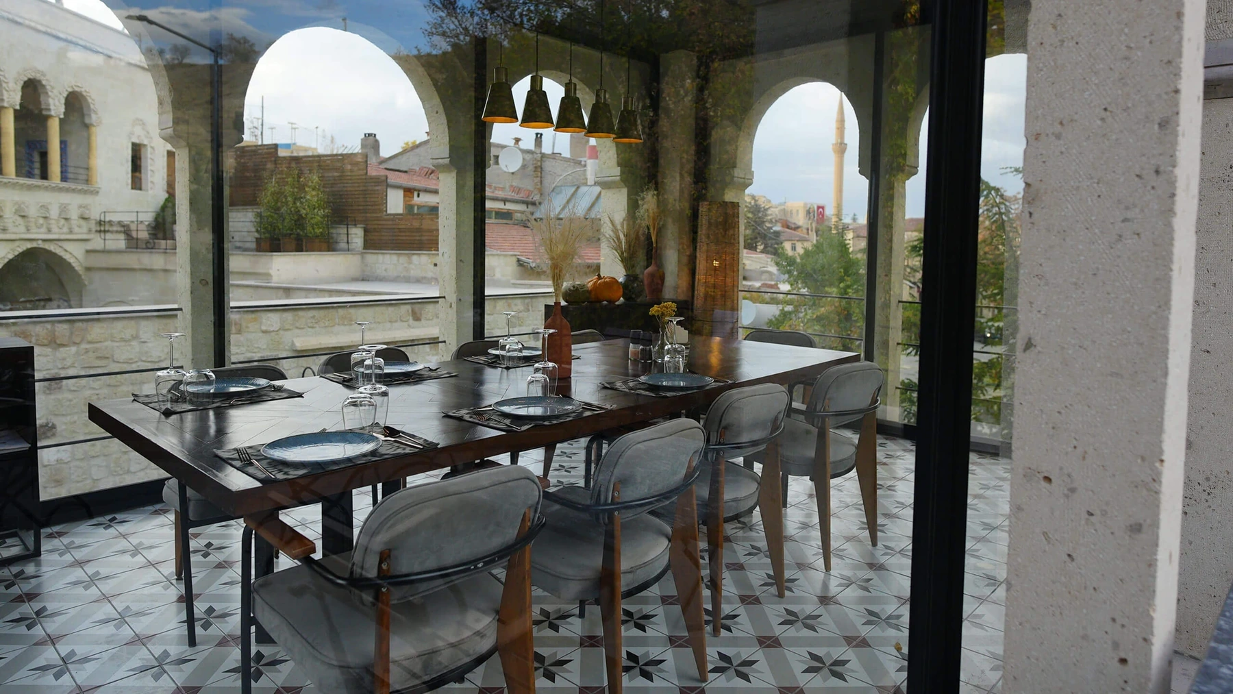 Gorgoli terrace dining with historic Mustafapaşa architecture